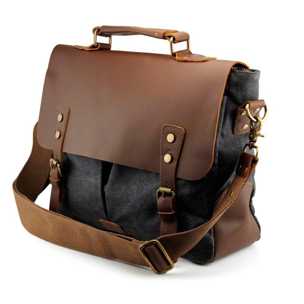 Men's Alva Genuine Leather Canvas Messenger Bag Grey